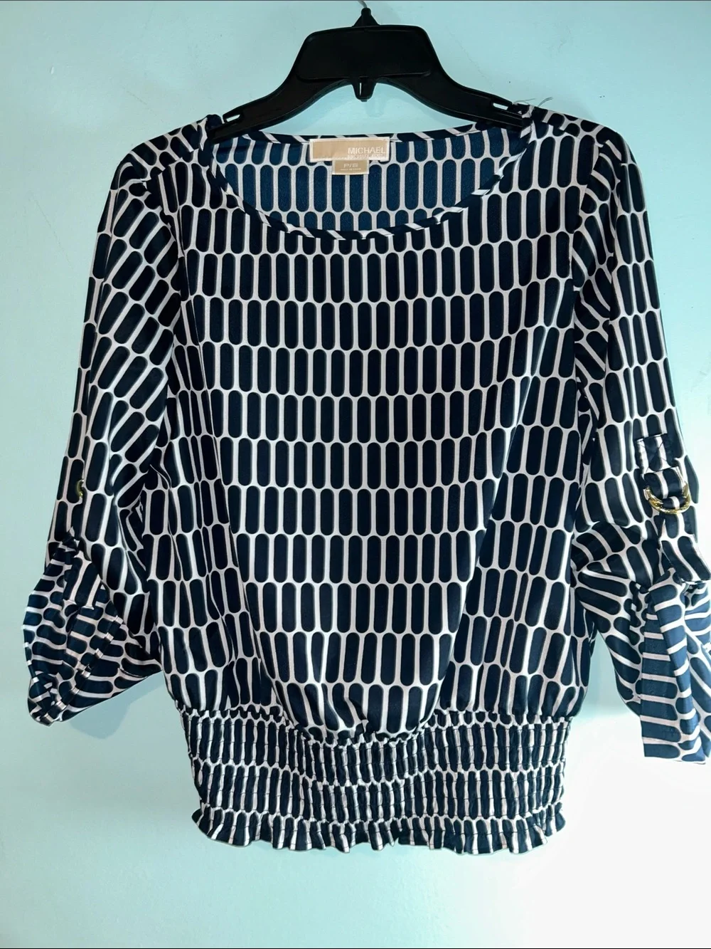 Michael Kors Navy & White Patterned Blouson Top